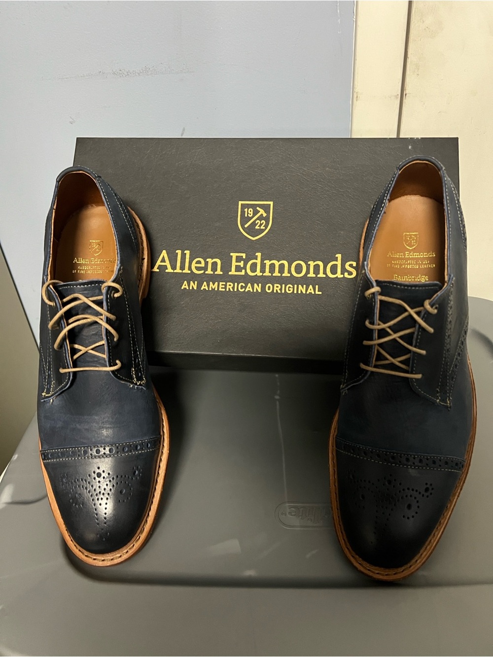 Allen Edmonds Navy Leather Cap-Toe Derby with Tan Laces